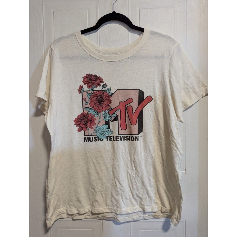 MTV Music Television Floral Logo Graphic White Crew Neck T-Shirt XL